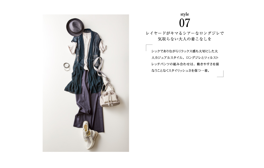 style07 レイヤードがキマるシアーなロングジレで気取らない大人の着こなしを
