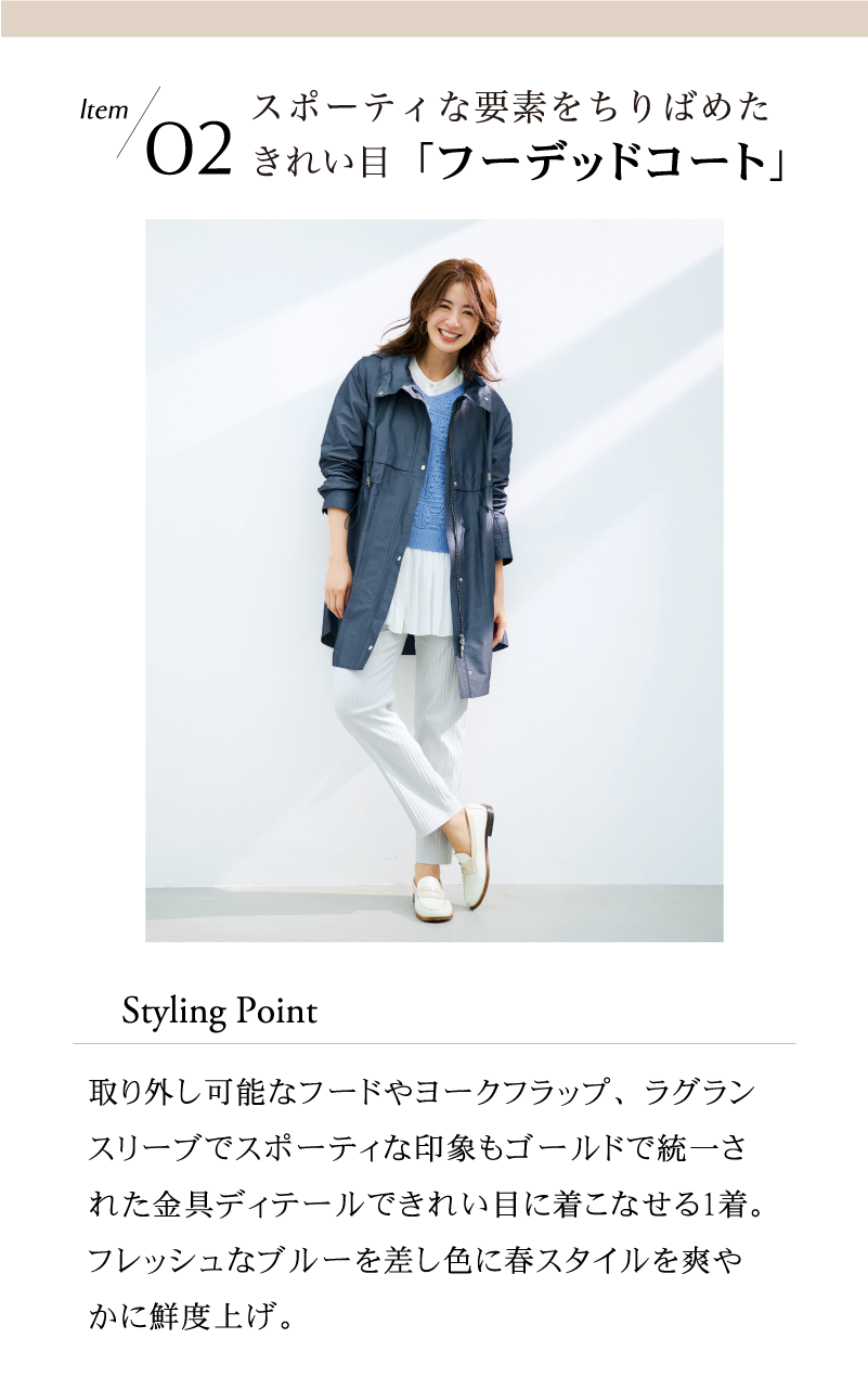 Style02 スポーティな要素をちりばめたきれいめフーデッドコート